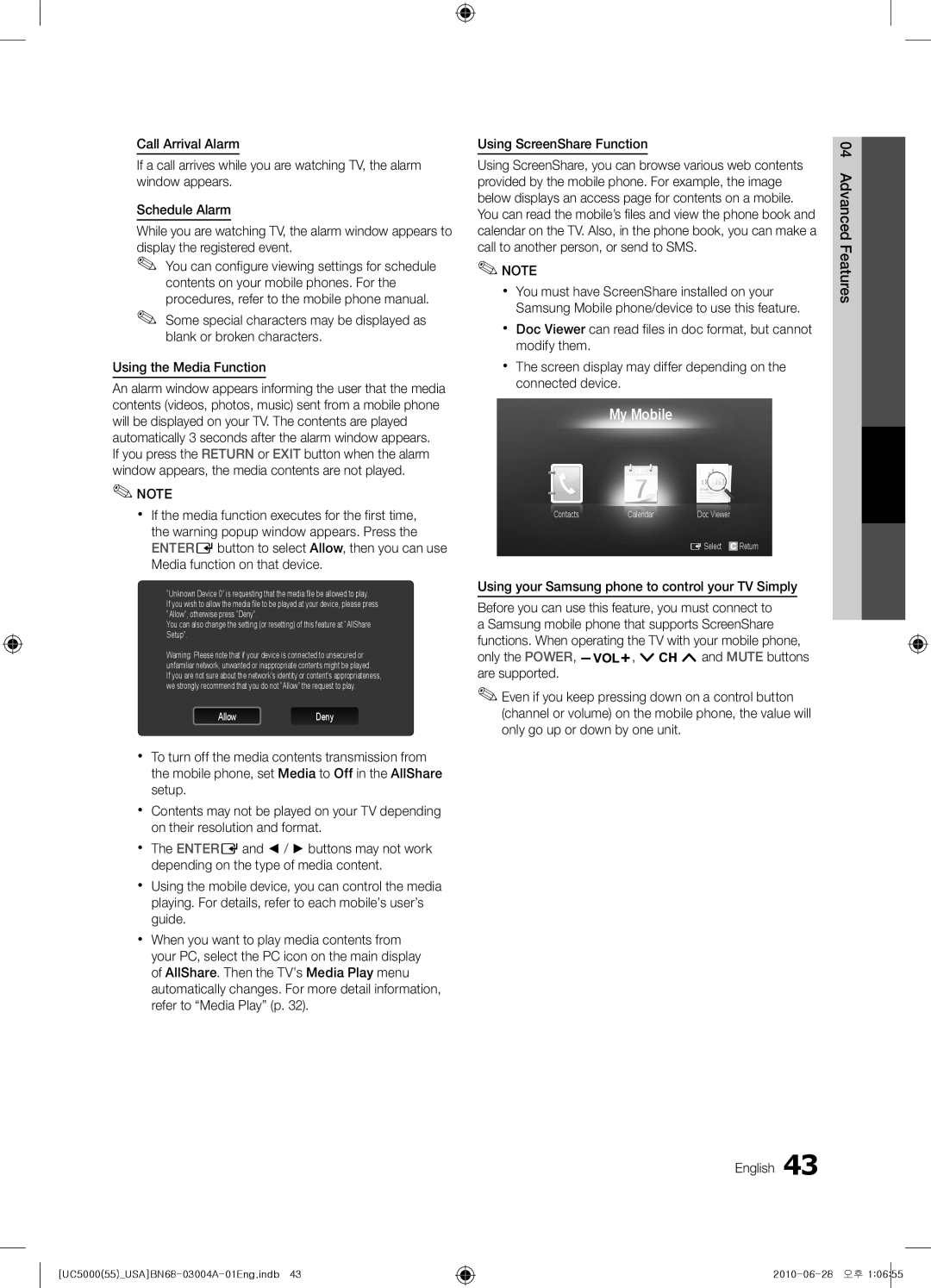 Samsung UN55C5000 user manual My Mobile 