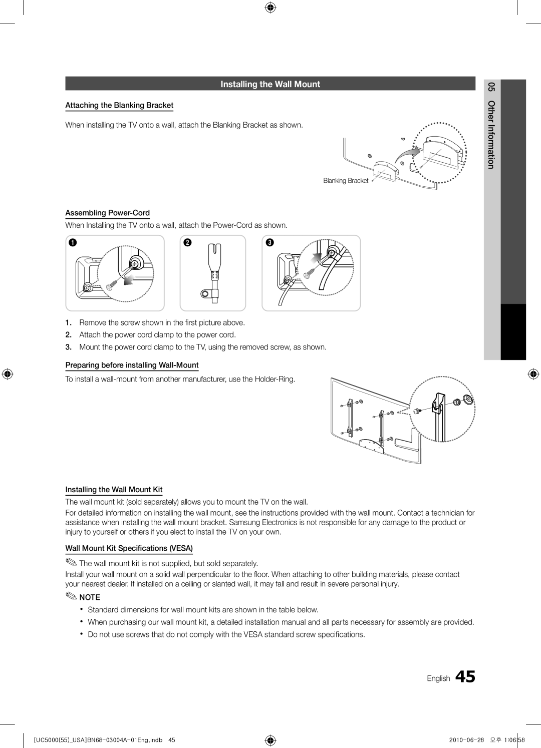 Samsung UN55C5000 user manual Installing the Wall Mount, Blanking Bracket 