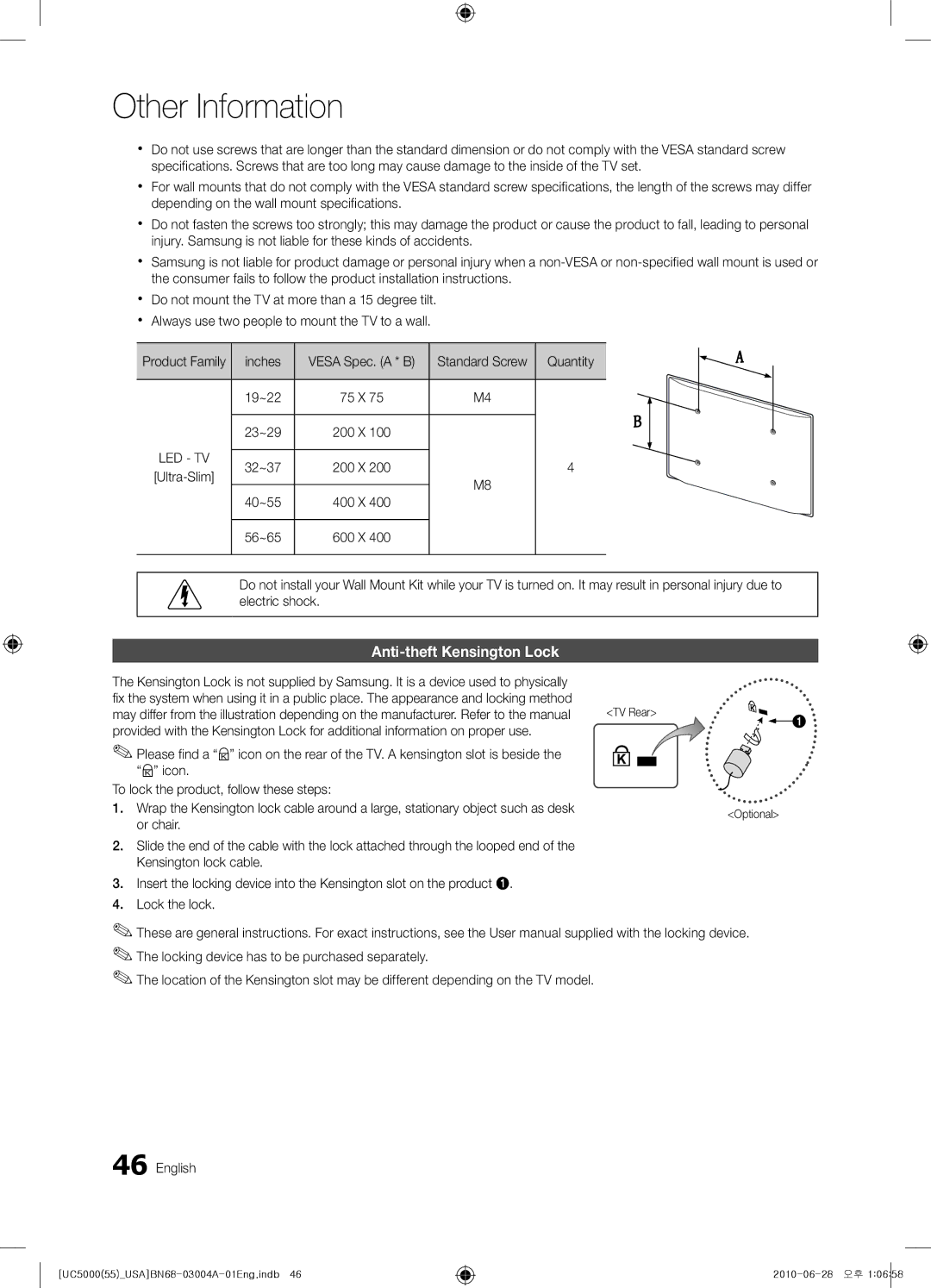 Samsung UN55C5000 user manual Anti-theft Kensington Lock 