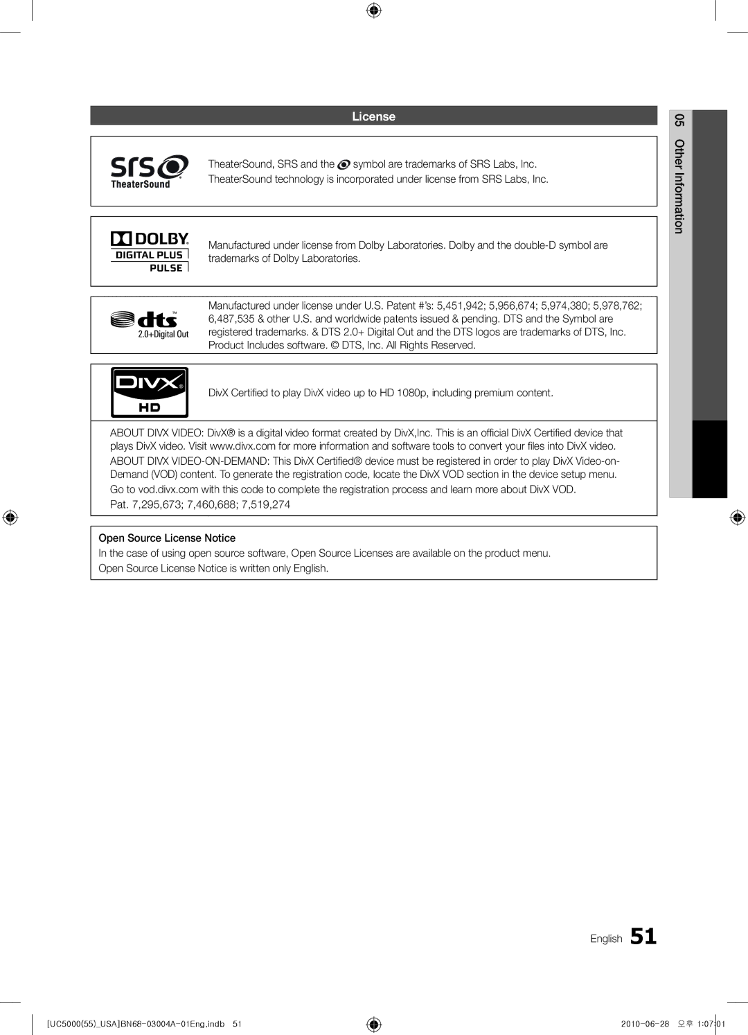 Samsung UN55C5000 user manual License 