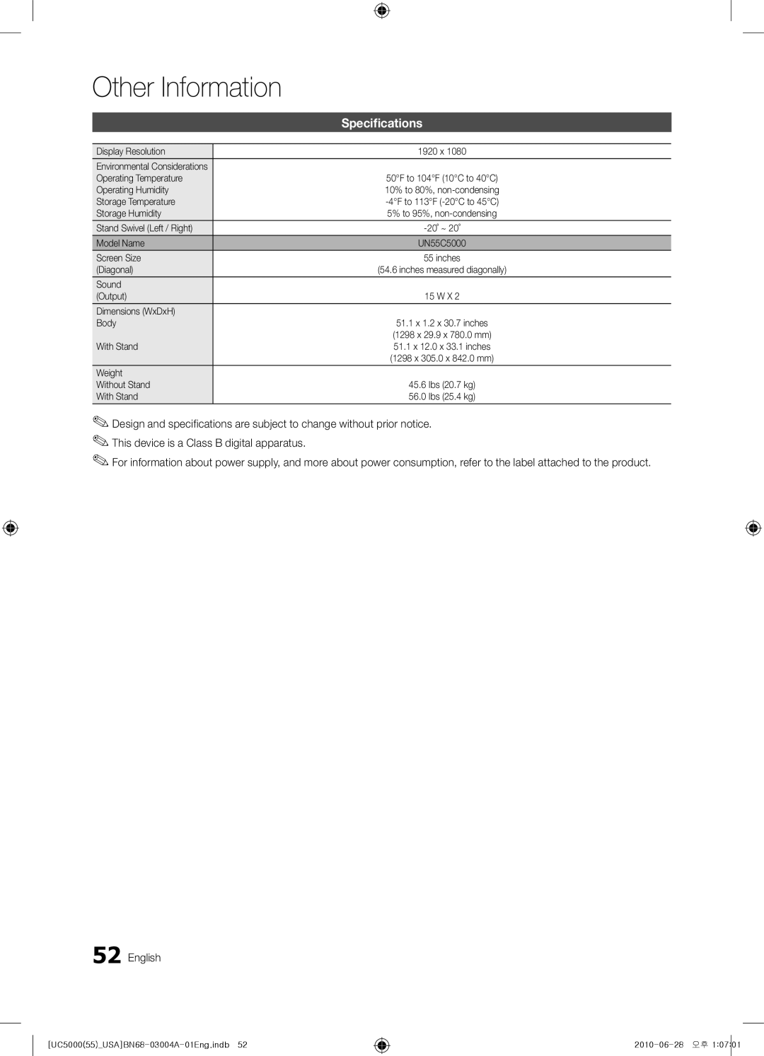 Samsung UN55C5000 user manual Specifications 