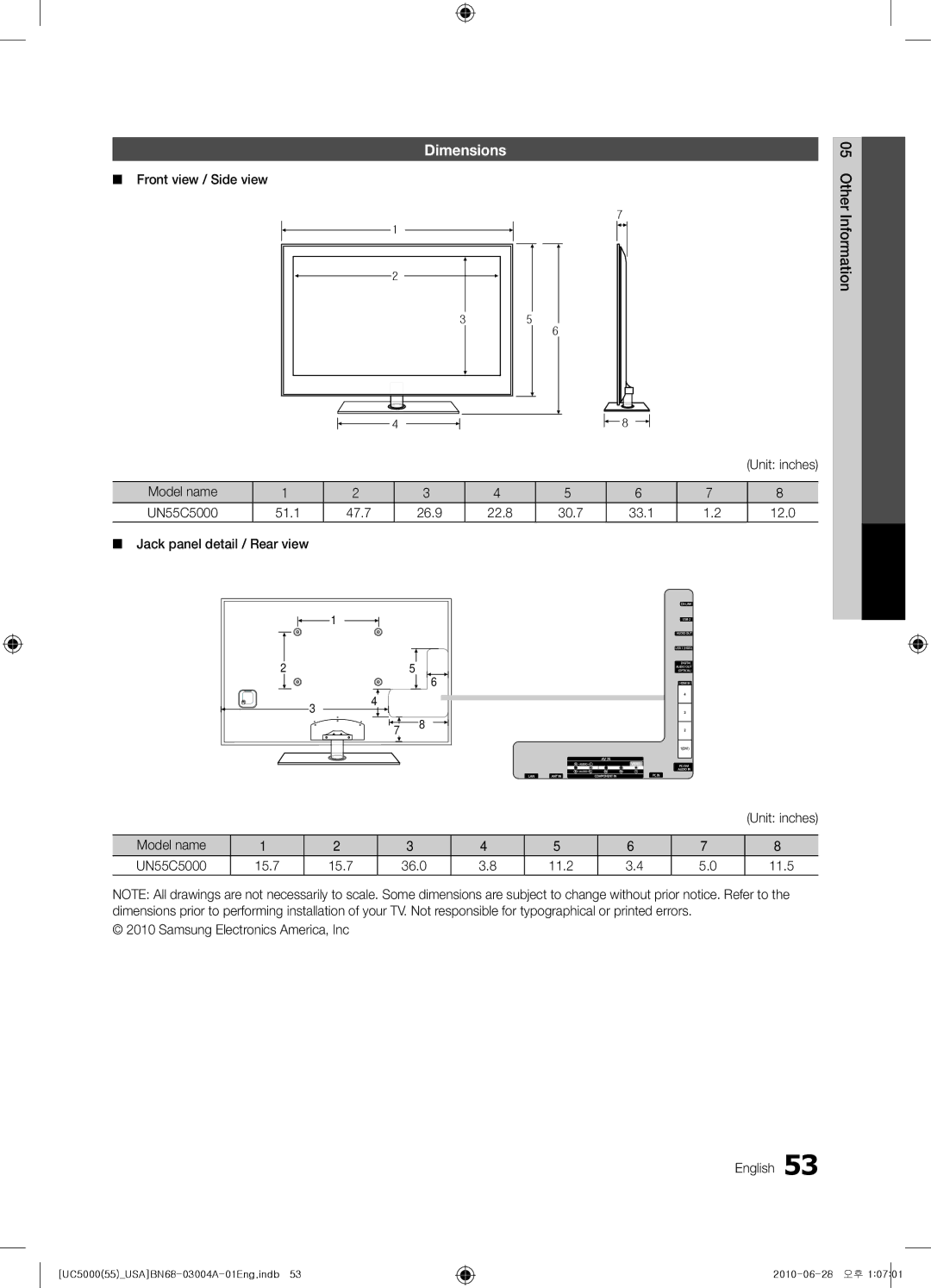 Samsung UN55C5000 user manual Dimensions, Front view / Side view, Unit inches 