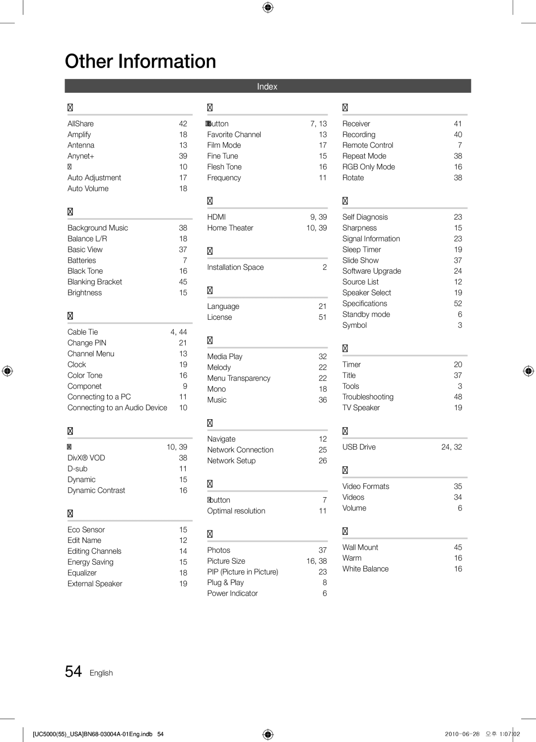 Samsung UN55C5000 Index, AllShare Amplify Antenna Anynet+, Favorite Channel Film Mode Fine Tune Flesh Tone Frequency 