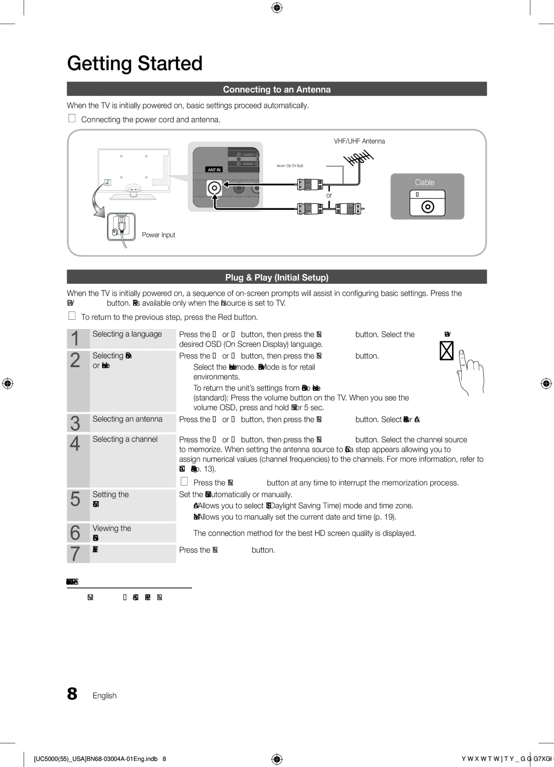 Samsung UN55C5000 user manual Connecting to an Antenna, Plug & Play Initial Setup, VHF/UHF Antenna, Power Input 