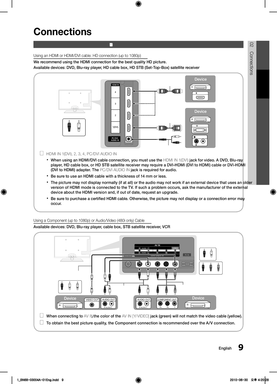 Samsung UN55C5000 user manual Connecting to an AV Device, Connections 