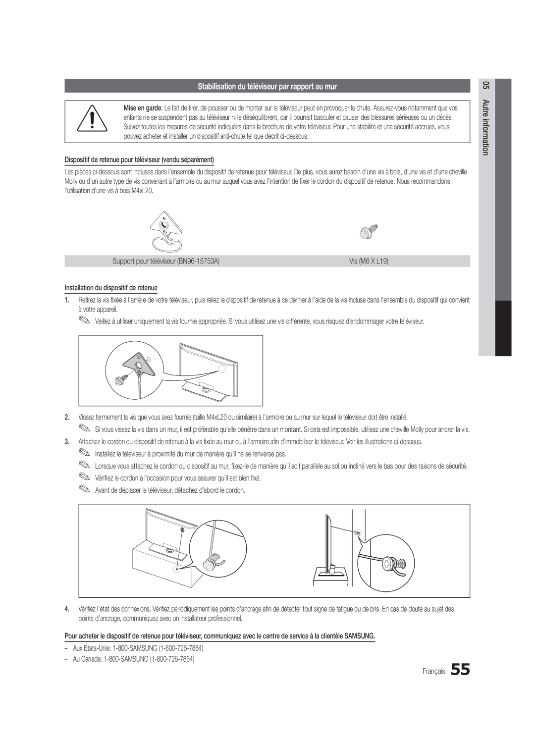 Samsung UN32C6500, UN55C6500, UN46C6500, UN40C6400 user manual Stabilisation du téléviseur par rapport au mur 