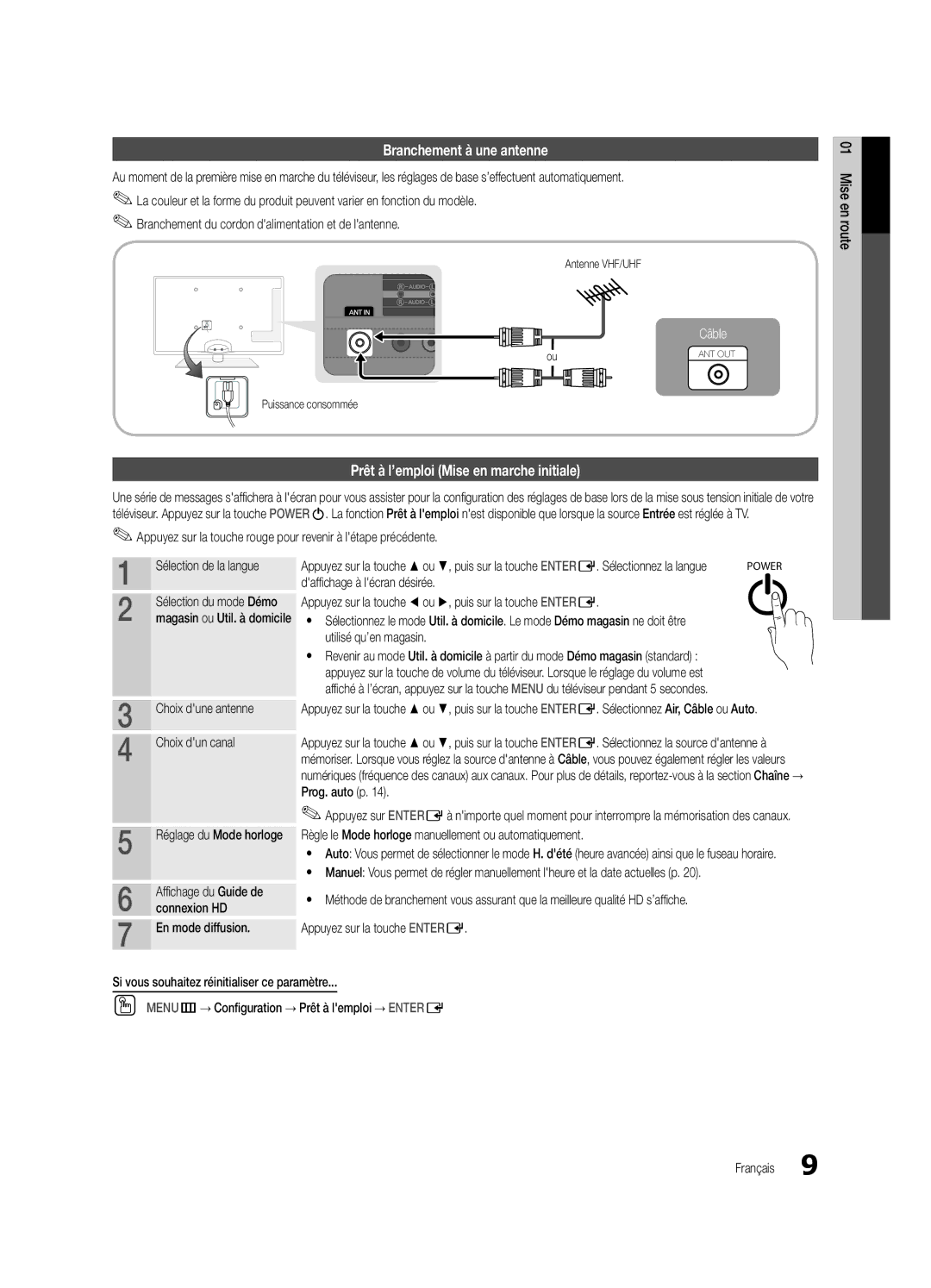 Samsung UN46C6500 Branchement à une antenne, Prêt à l’emploi Mise en marche initiale, Antenne VHF/UHF, Puissance consommée 