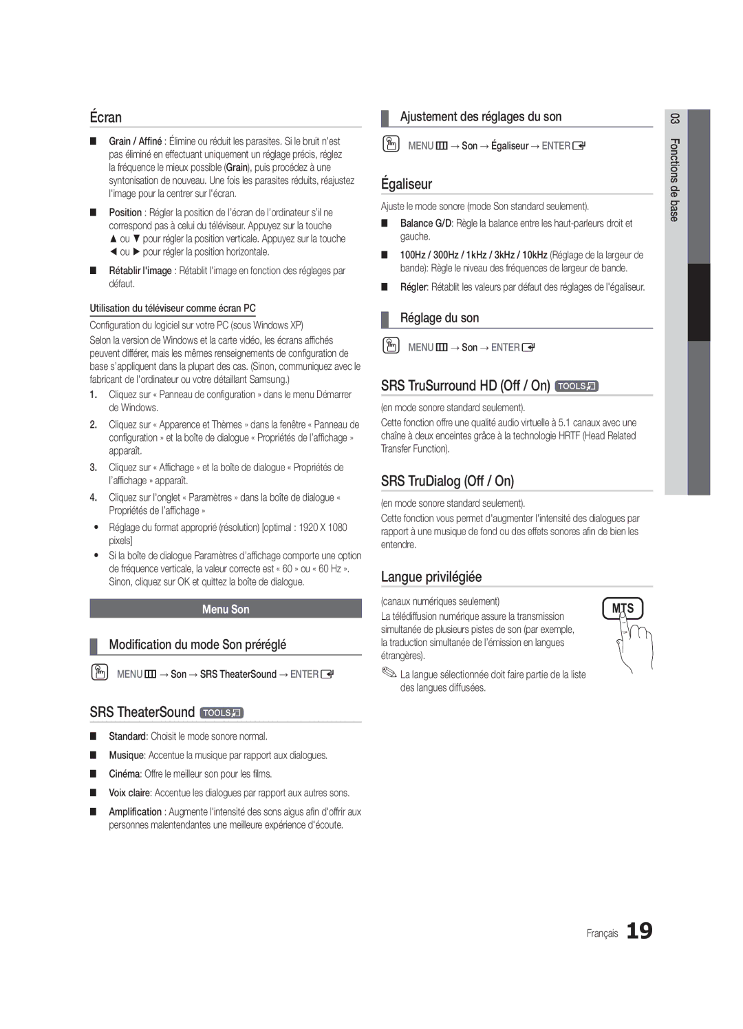 Samsung UN32C6500, UN55C6500, UN46C6500, UN40C6400 user manual Écran, Égaliseur, Langue privilégiée 