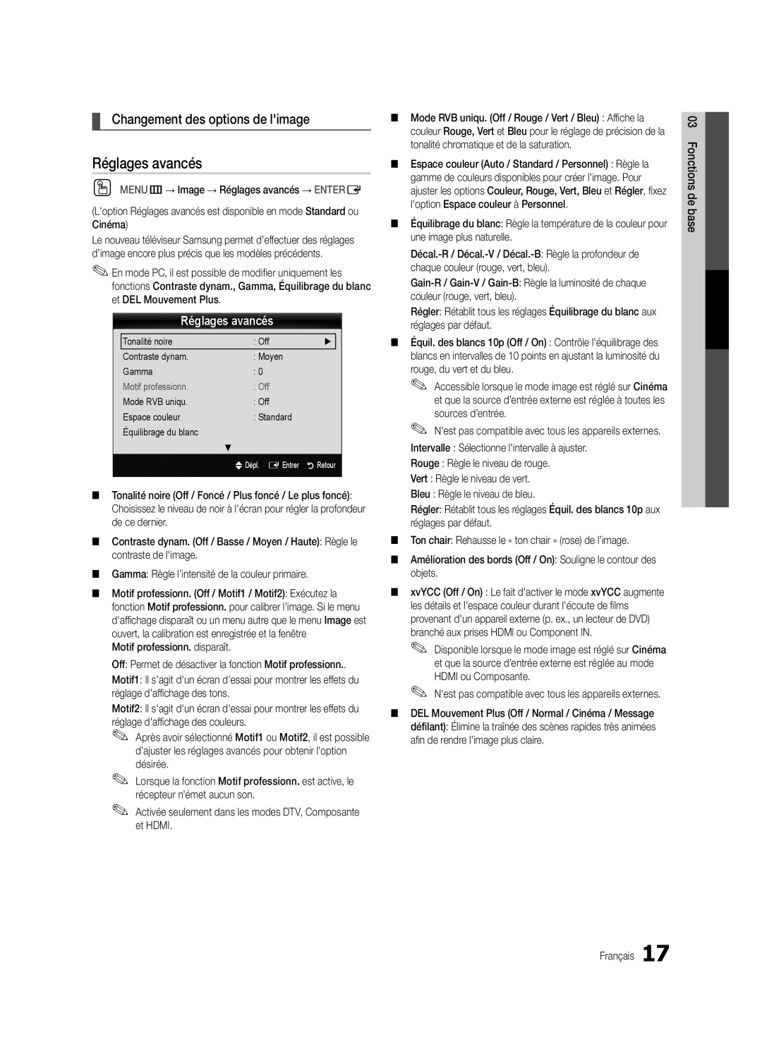 Samsung Series C8, UN55C8000, UN46C8000 Réglages avancés, Changement des options de limage, Motif professionn. disparaît 