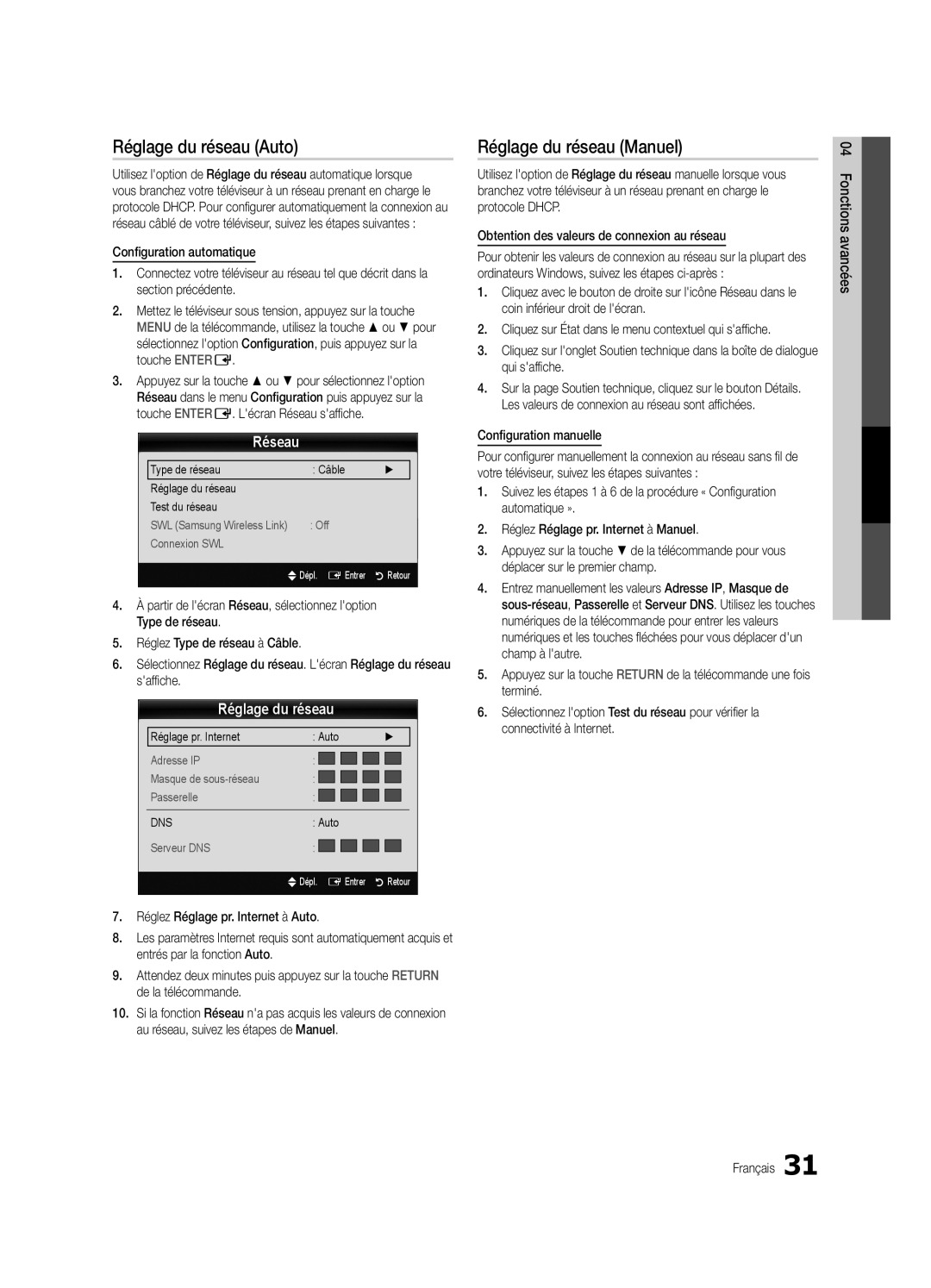 Samsung UN46C8000, UN55C8000, Series C8 user manual Réglage du réseau Auto, Réglage du réseau Manuel, Réseau 