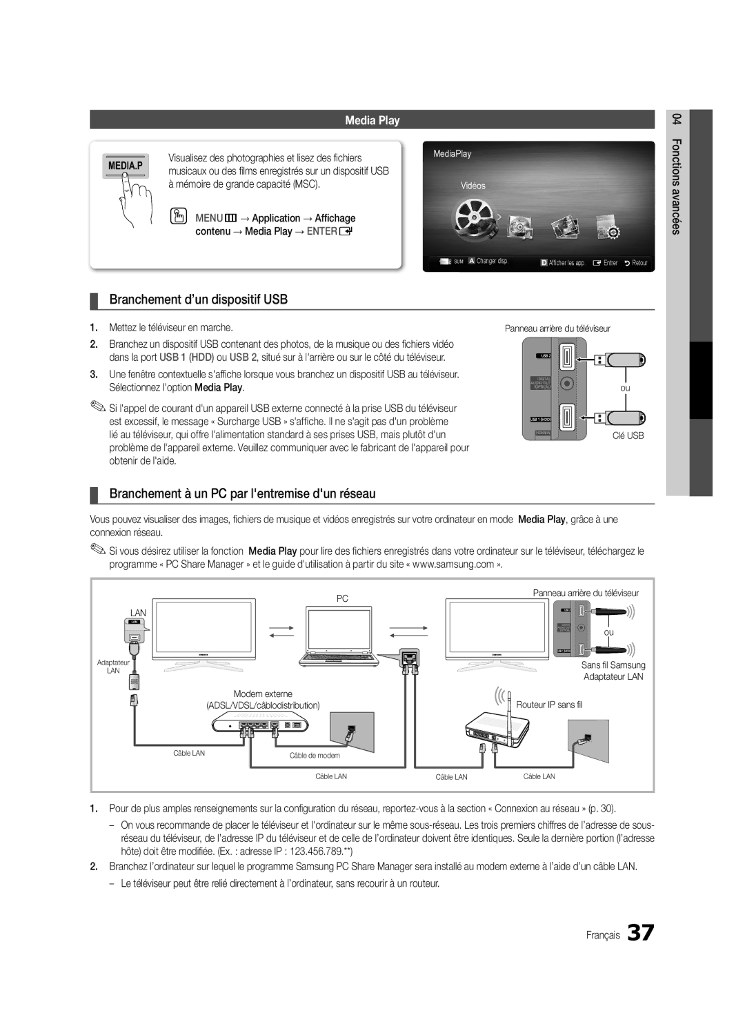 Samsung UN46C8000, UN55C8000, Series C8 Branchement d’un dispositif USB, Branchement à un PC par lentremise dun réseau 