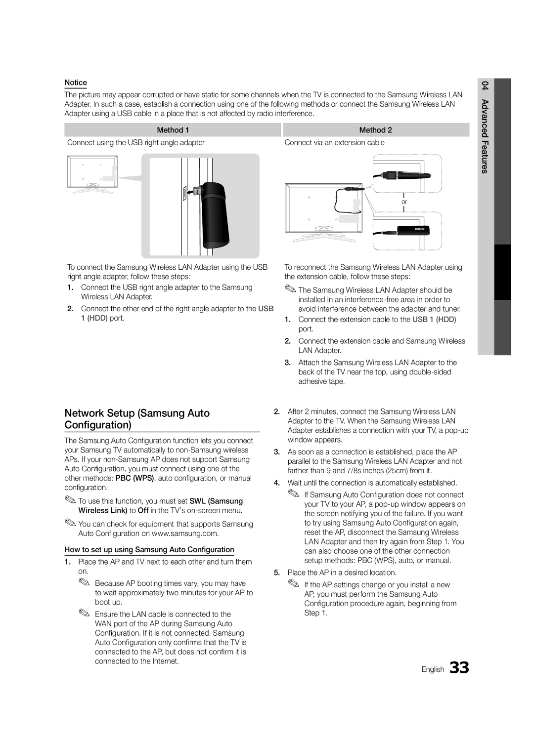 Samsung UN55C8000, UN46C8000, Series C8 Network Setup Samsung Auto Configuration, Boot up, Connect via an extension cable 