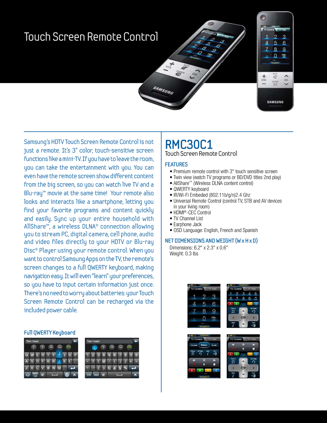 Samsung UN55C9000 specifications RMC30C1 