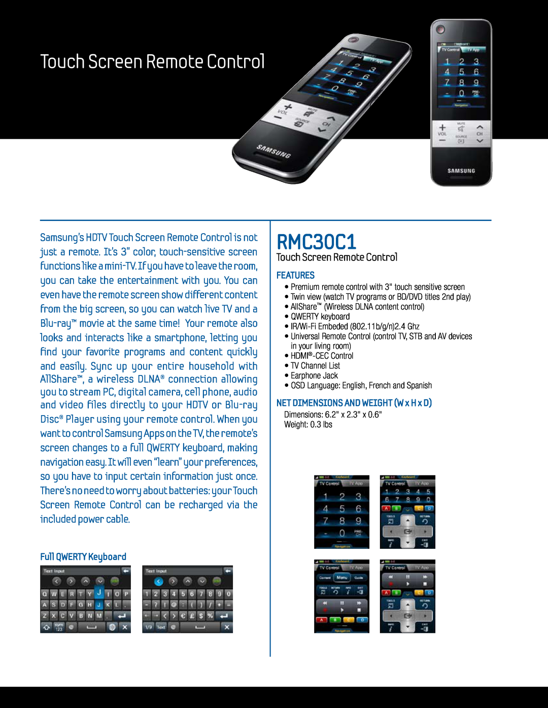 Samsung UN55C9000 specifications RMC30C1, Touch Screen Remote Control 