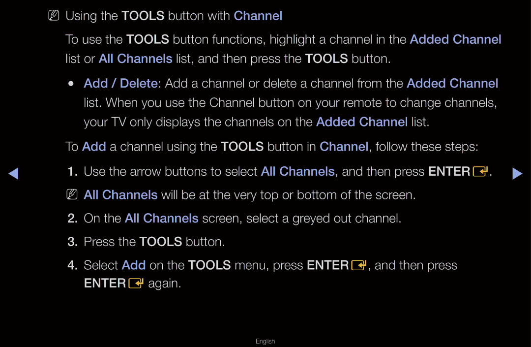 Samsung UN55D6000 manual NN Using the Tools button with Channel, List or All Channels list, and then press the Tools button 