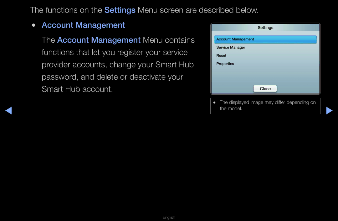 Samsung UN55D6000SF manual Functions on the Settings Menu screen are described below 