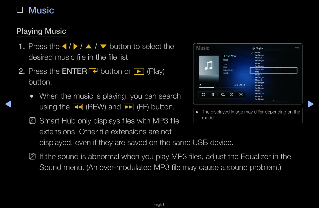 Samsung UN55D6000SF manual Playing Music Press the l/ r/ u/ dbutton to select, Desired music file in the file list, Button 