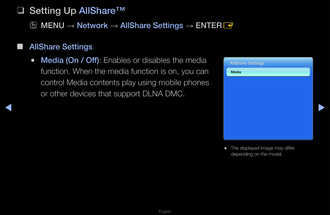 Samsung UN55D6000SF manual Setting Up AllShare, OO Menu → Network → AllShare Settings → Entere 