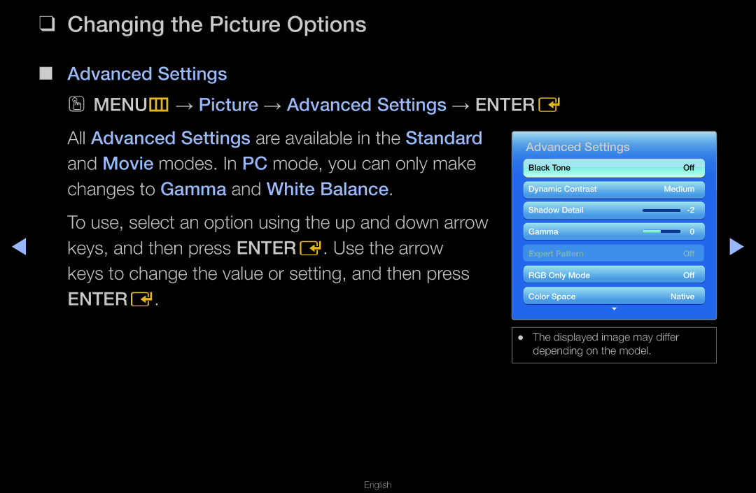 Samsung UN55D6000SF manual Changing the Picture Options, To use, select an option using the up and down arrow 