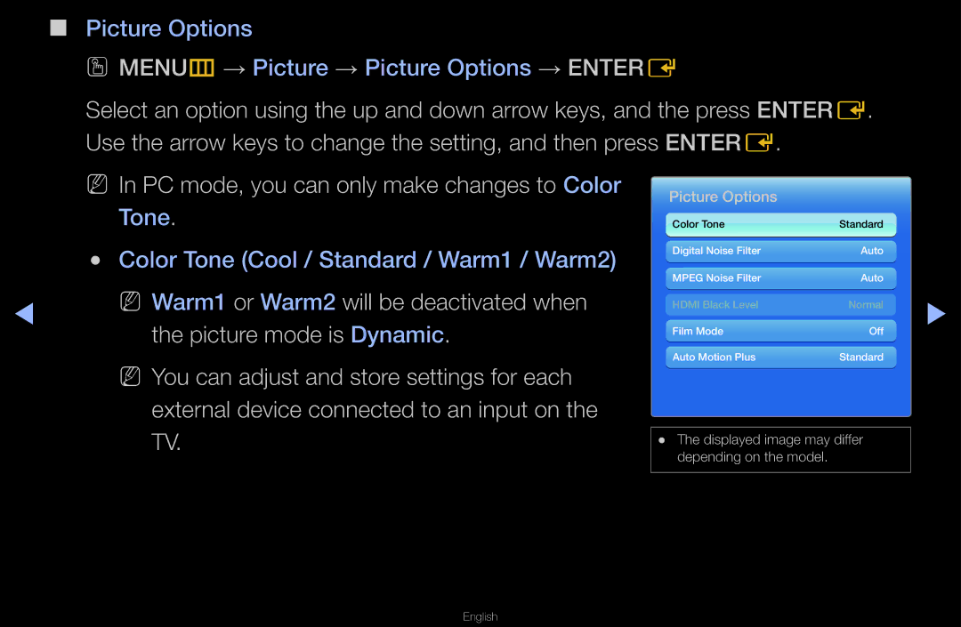 Samsung UN55D6000SF manual NN In PC mode, you can only make changes to Color Tone 