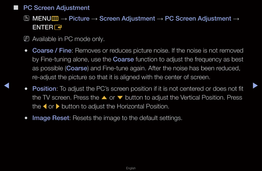 Samsung UN55D6000SF Lor rbutton to adjust the Horizontal Position, Image Reset Resets the image to the default settings 