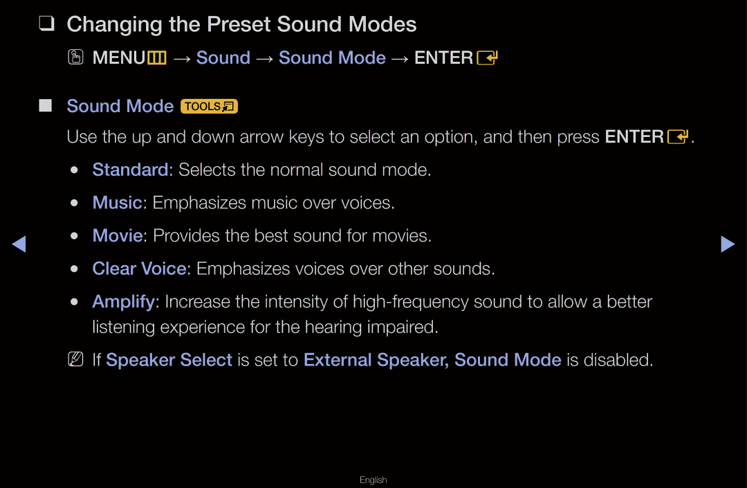 Samsung UN55D6000SF manual Changing the Preset Sound Modes 