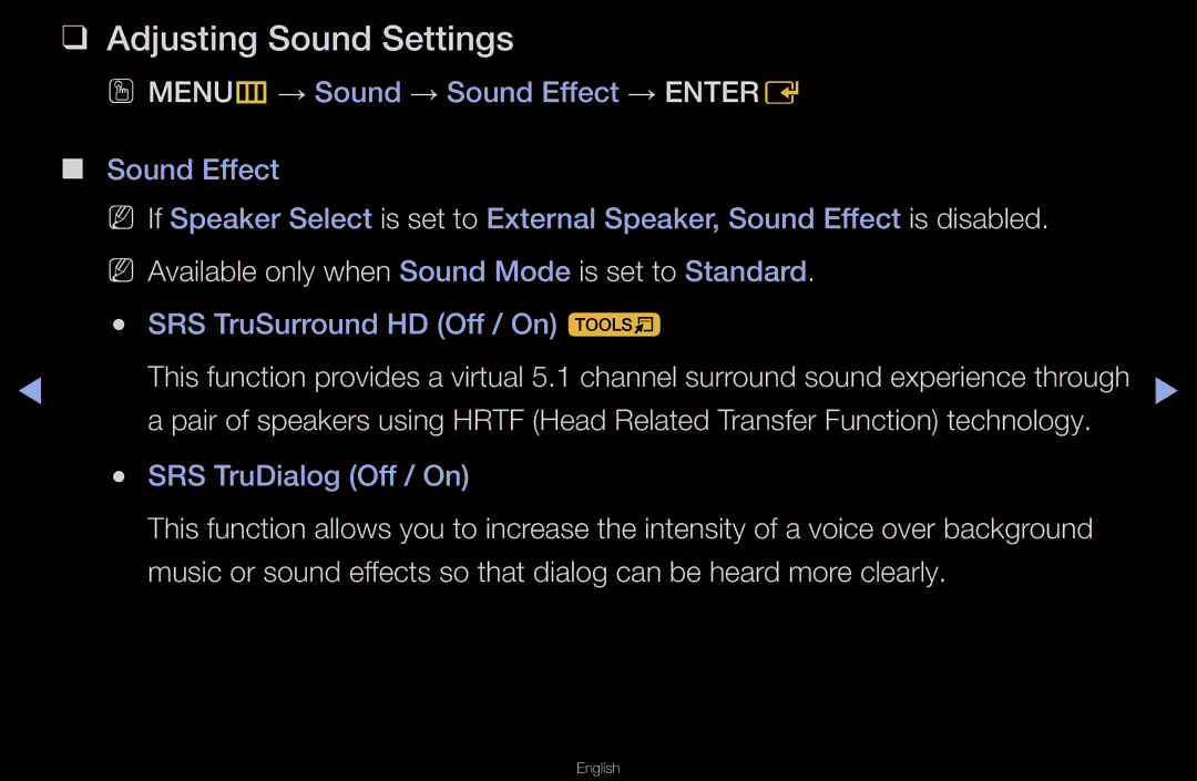 Samsung UN55D6000SF manual Adjusting Sound Settings, NN Available only when Sound Mode is set to Standard 