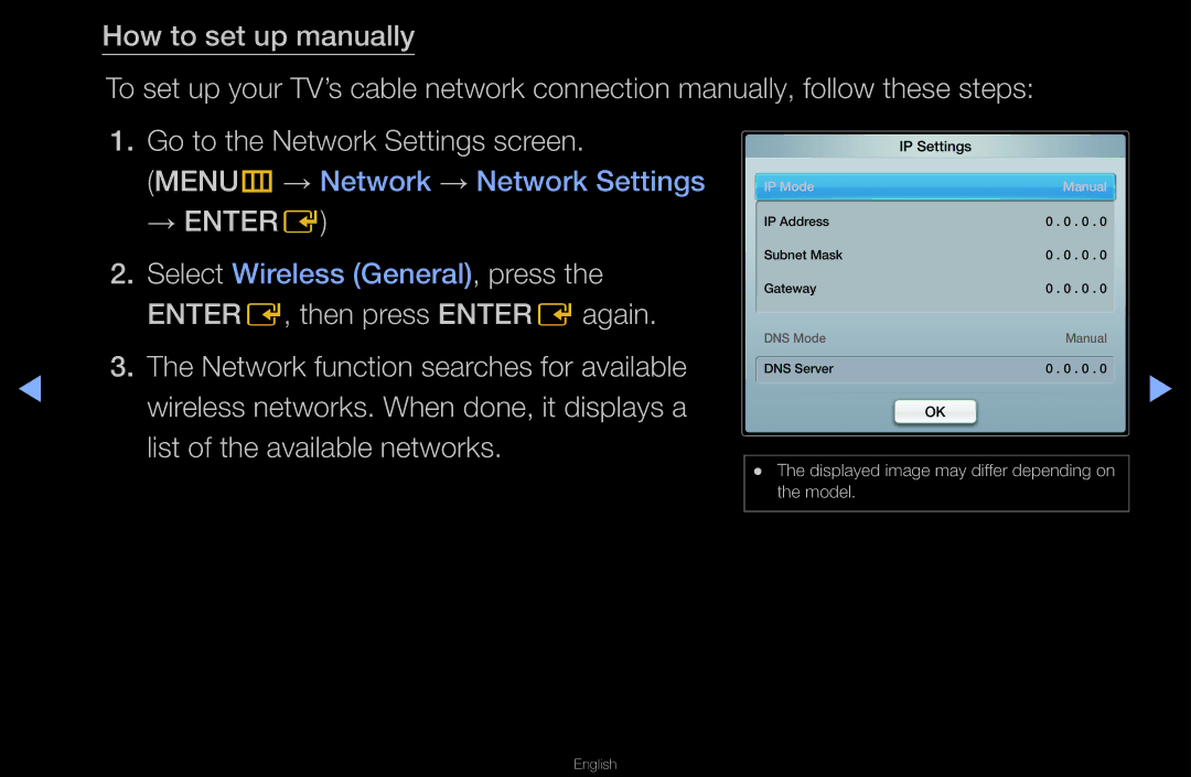 Samsung UN55D6000SF manual MENUm→ Network → Network Settings → Entere 