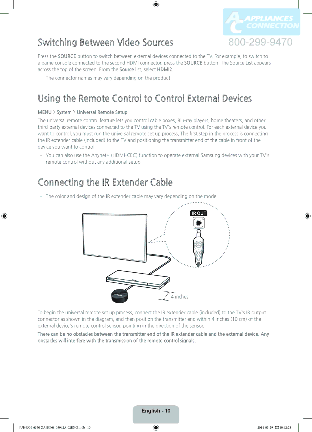 Samsung UN55H6350 user manual Switching Between Video Sources, Using the Remote Control to Control External Devices 