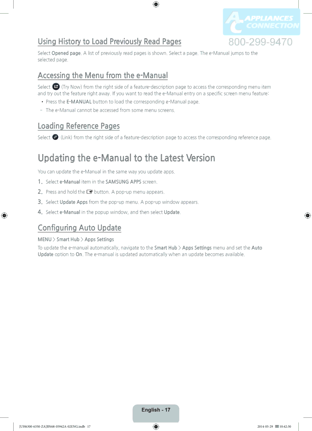 Samsung UN55H6350 user manual Updating the e-Manual to the Latest Version, Using History to Load Previously Read Pages 