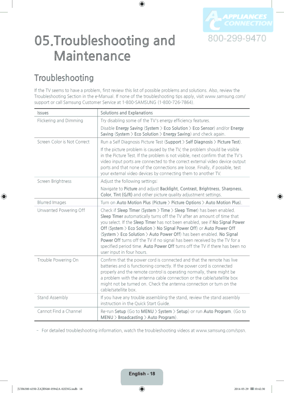 Samsung UN55H6350 Troubleshooting and Maintenance, Issues Solutions and Explanations, Menu Broadcasting Auto Program 