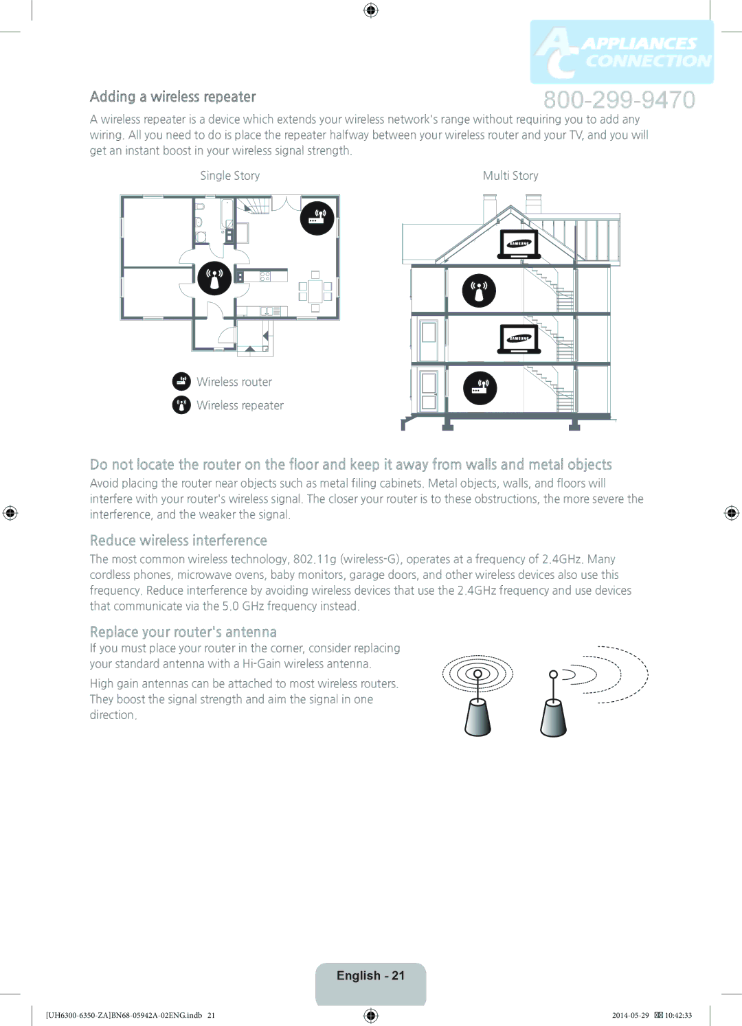 Samsung UN55H6350 user manual Adding a wireless repeater, Reduce wireless interference 