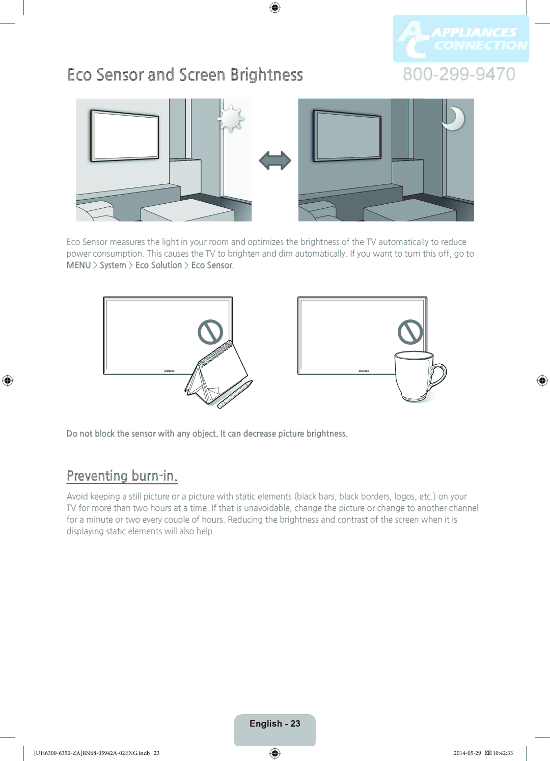 Samsung UN55H6350 user manual Eco Sensor and Screen Brightness, Preventing burn-in 