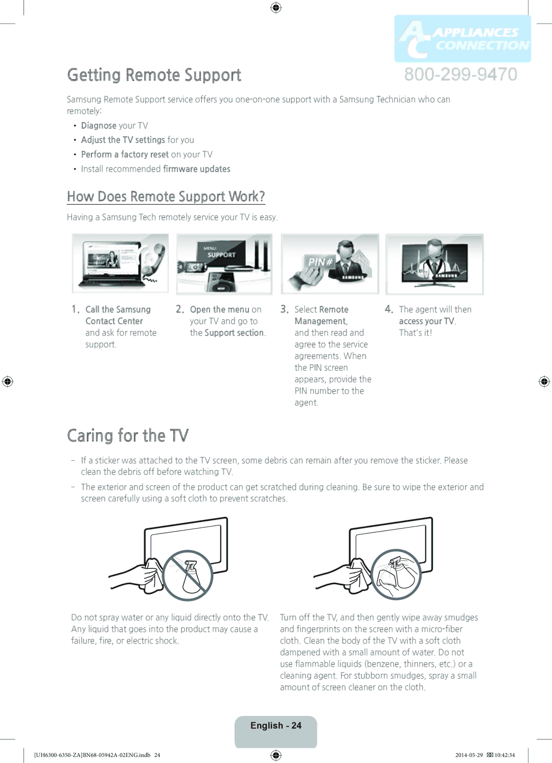 Samsung UN55H6350 user manual Getting Remote Support, Caring for the TV, How Does Remote Support Work? 