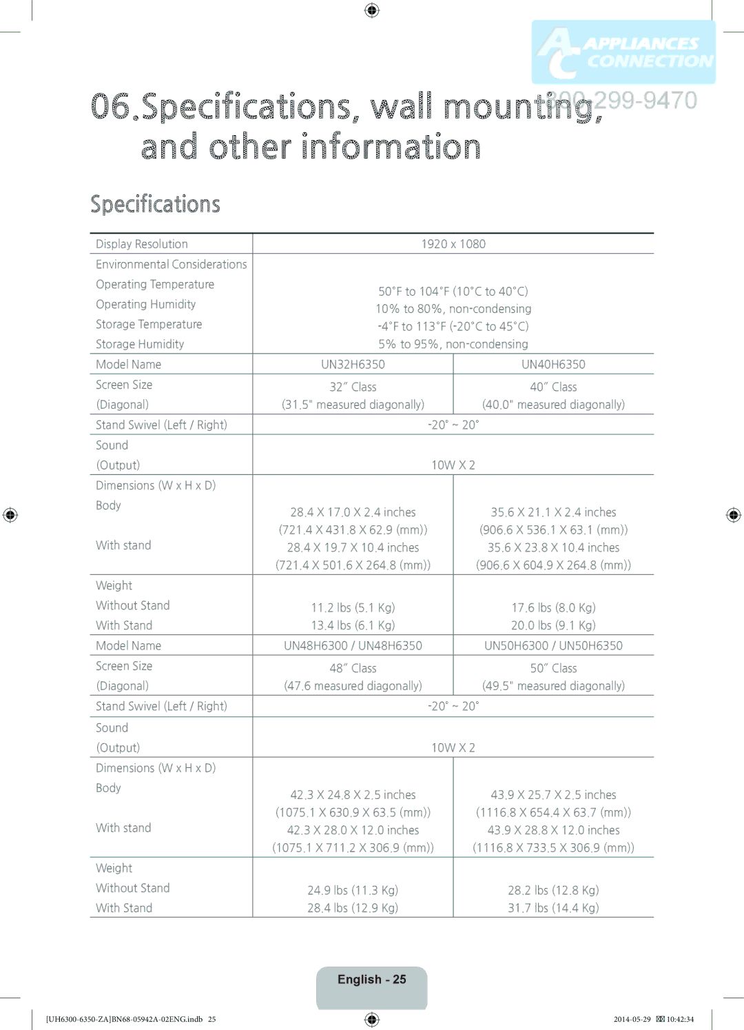 Samsung UN55H6350 user manual Specifications, wall mounting, and other information 