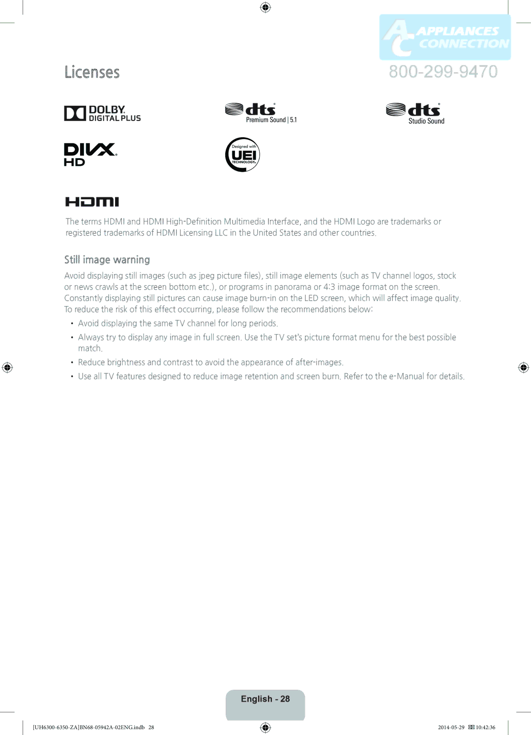 Samsung UN55H6350 user manual Licenses, Still image warning 