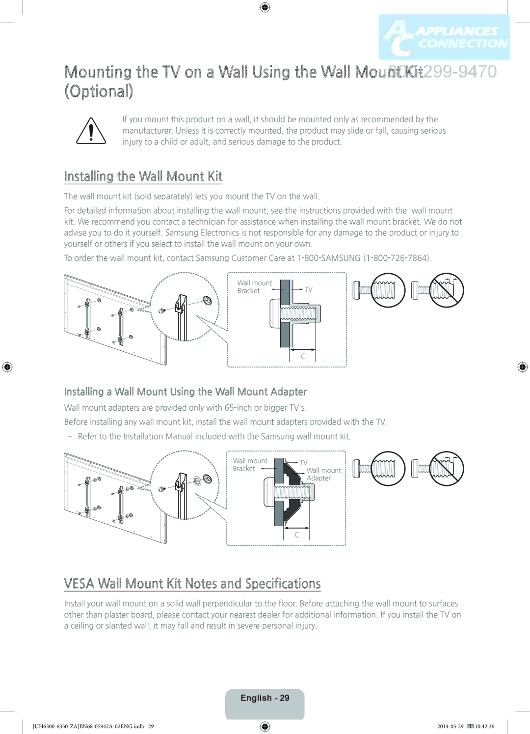 Samsung UN55H6350 user manual Mounting the TV on a Wall Using the Wall Mount Kit Optional, Installing the Wall Mount Kit 