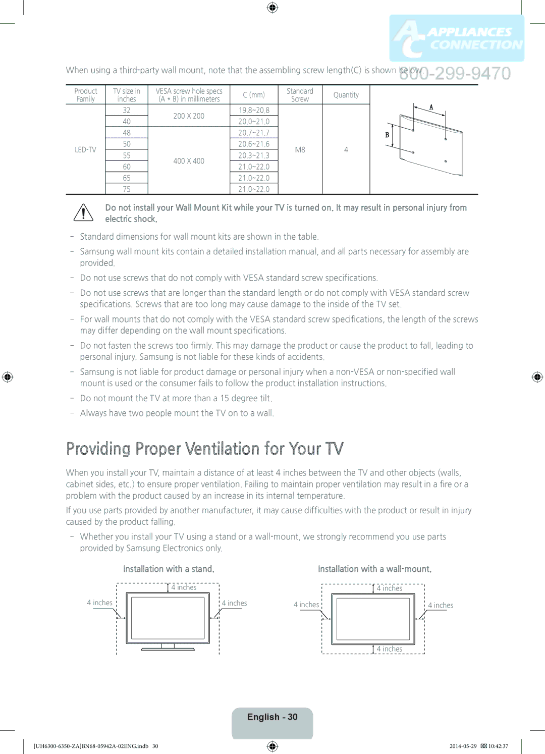 Samsung UN55H6350 user manual Providing Proper Ventilation for Your TV, Installation with a stand 