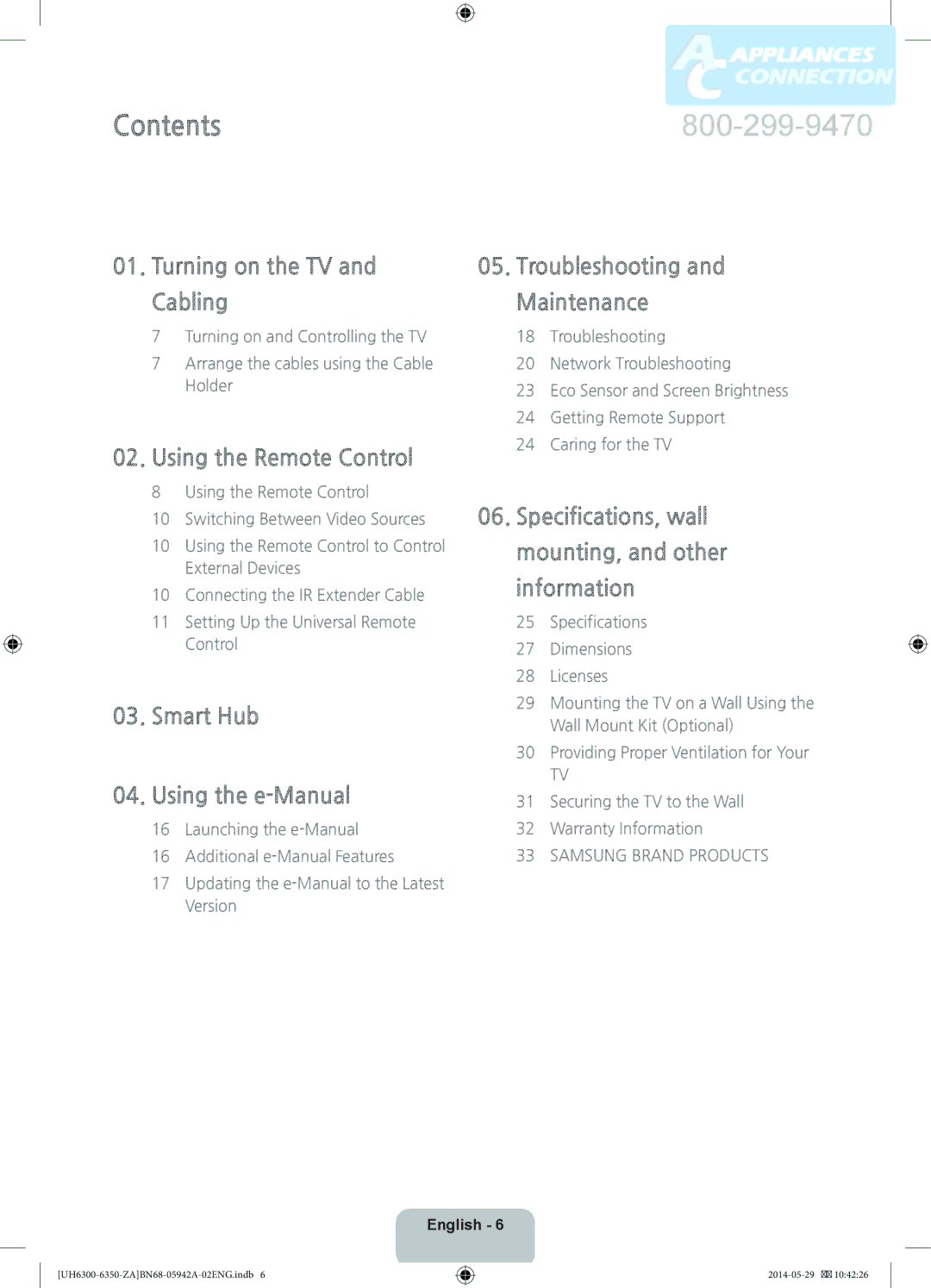 Samsung UN55H6350 user manual Contents 