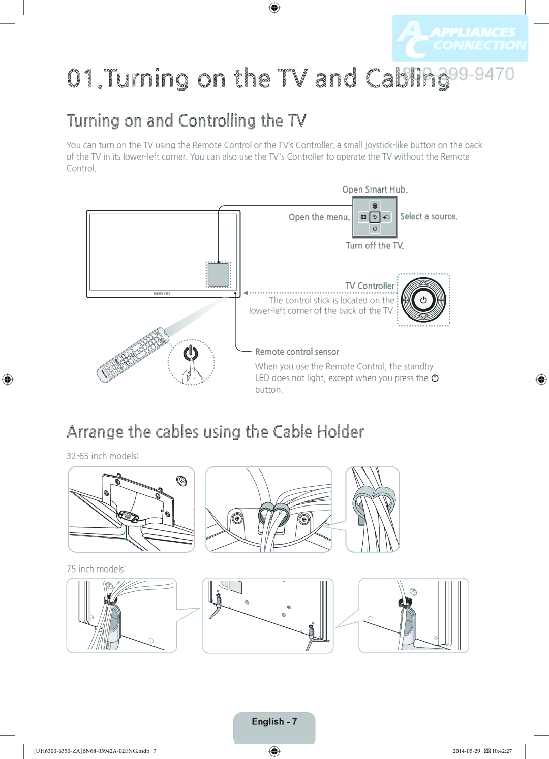 Samsung UN55H6350 user manual Turning on the TV and Cabling, Turning on and Controlling the TV 