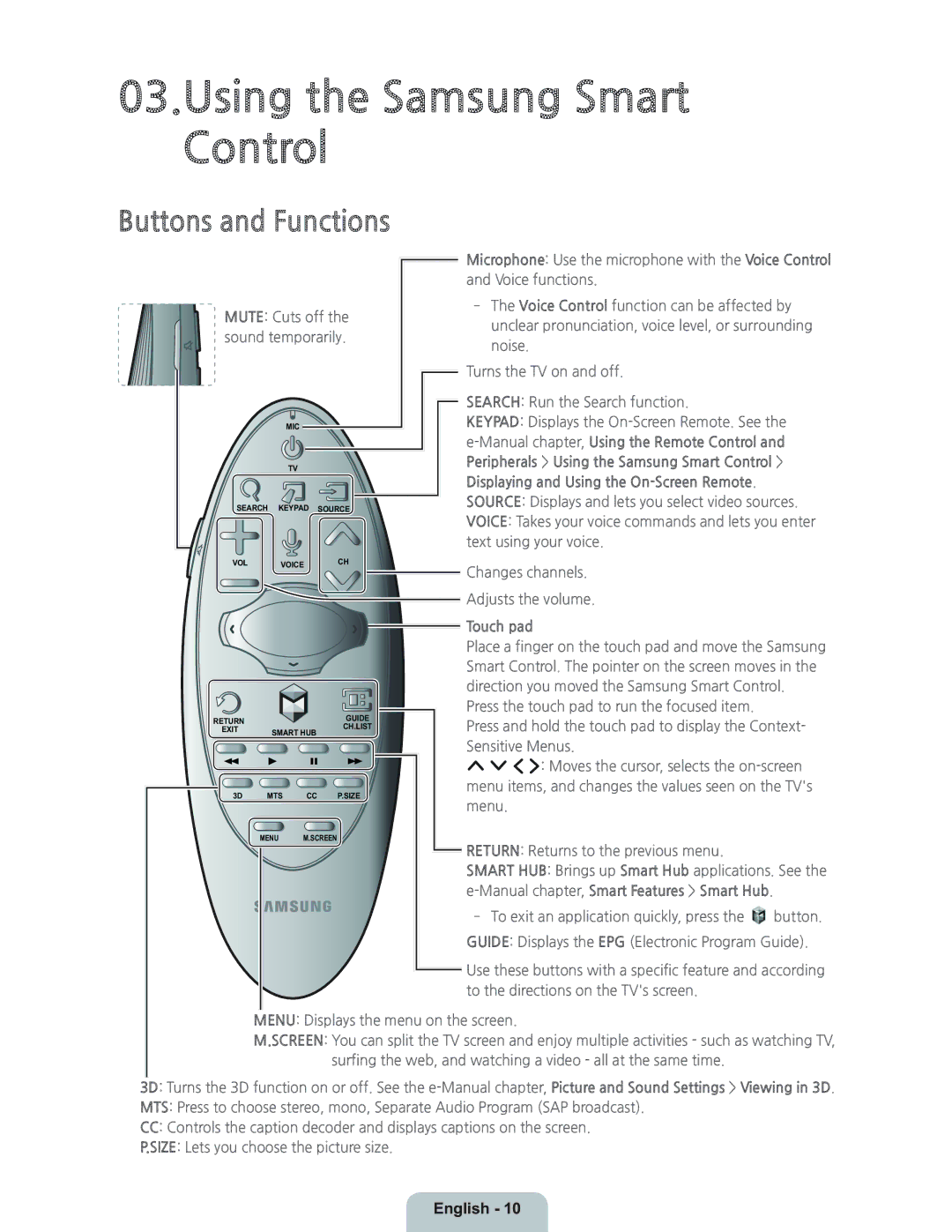 Samsung UN55H8000 manual Using the Samsung Smart Control, Buttons and Functions, Touch pad 