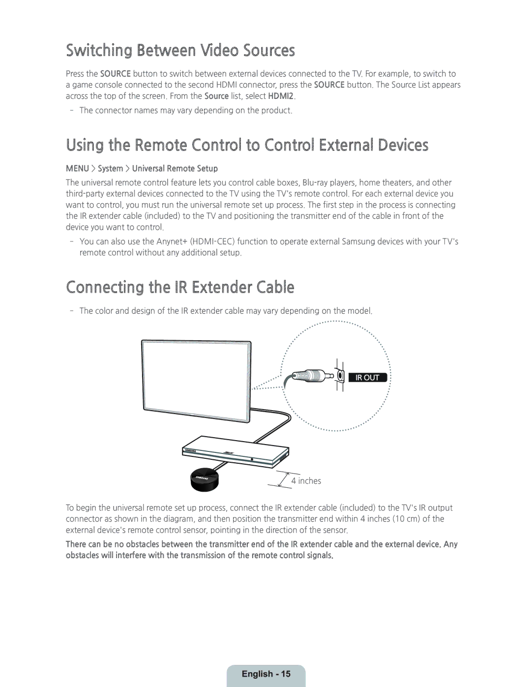 Samsung UN55H8000 manual Switching Between Video Sources, Using the Remote Control to Control External Devices 