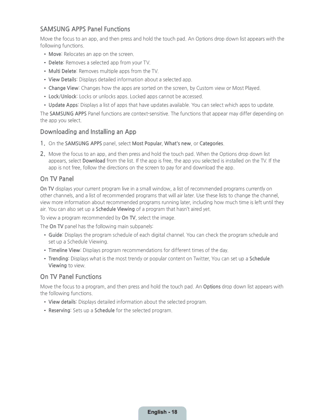Samsung UN55H8000 manual Samsung Apps Panel Functions, Downloading and Installing an App, On TV Panel Functions 