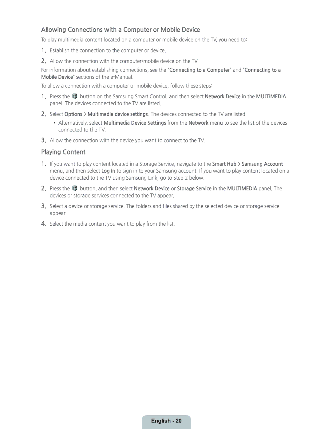 Samsung UN55H8000 manual Allowing Connections with a Computer or Mobile Device, Playing Content 