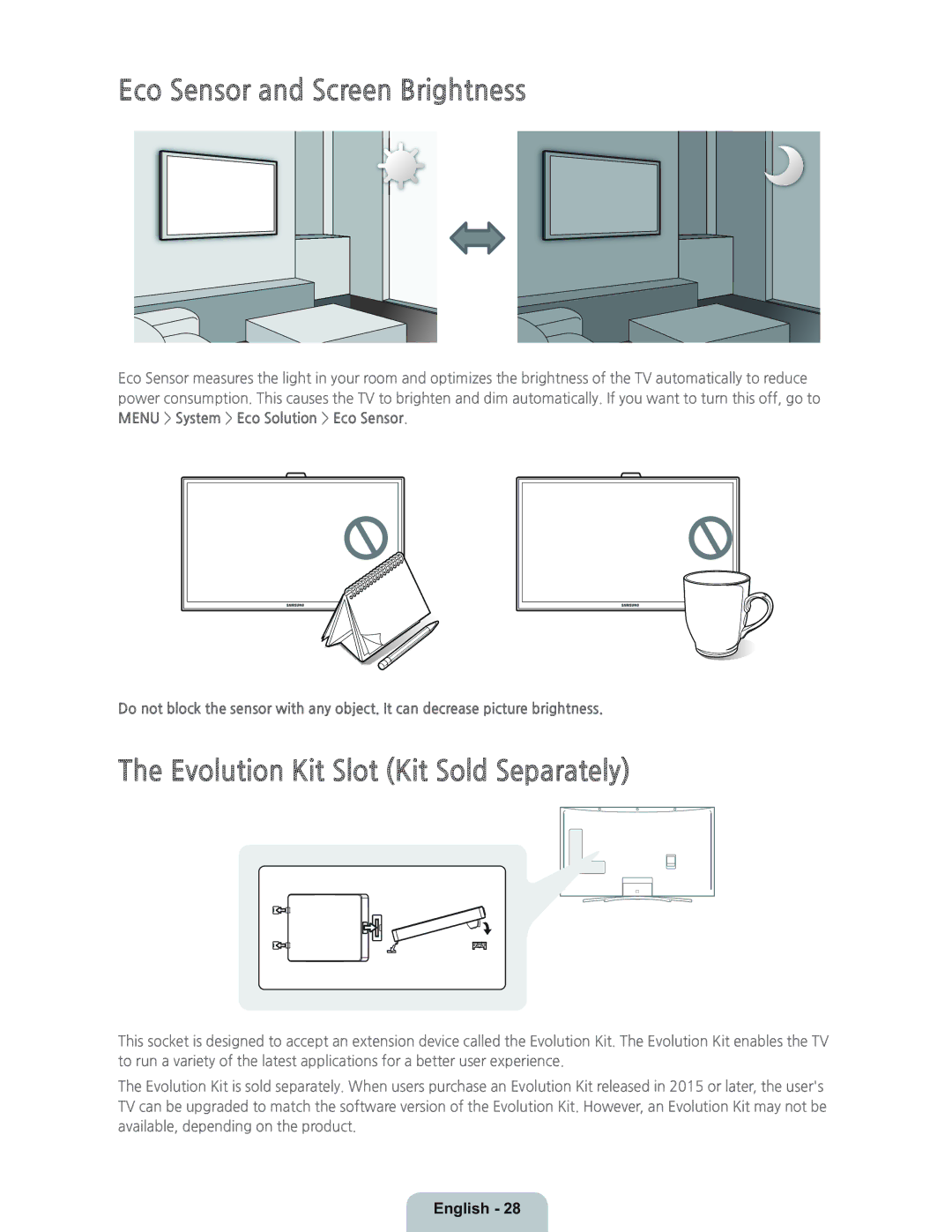 Samsung UN55H8000 manual Eco Sensor and Screen Brightness, Evolution Kit Slot Kit Sold Separately 