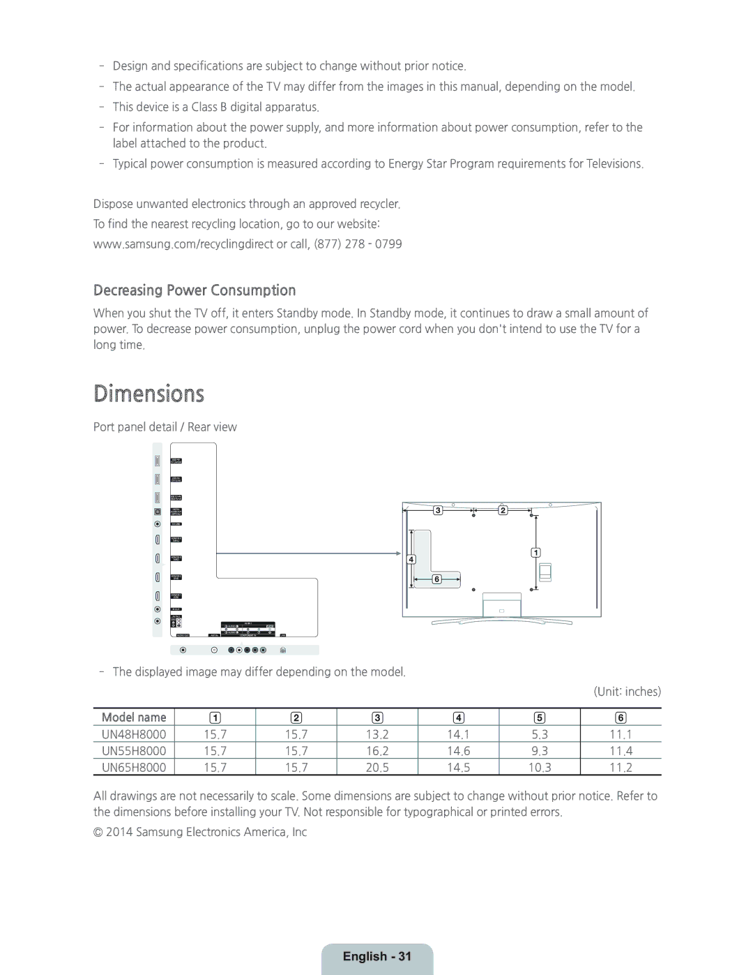 Samsung UN55H8000 manual Dimensions, Decreasing Power Consumption, Model name 