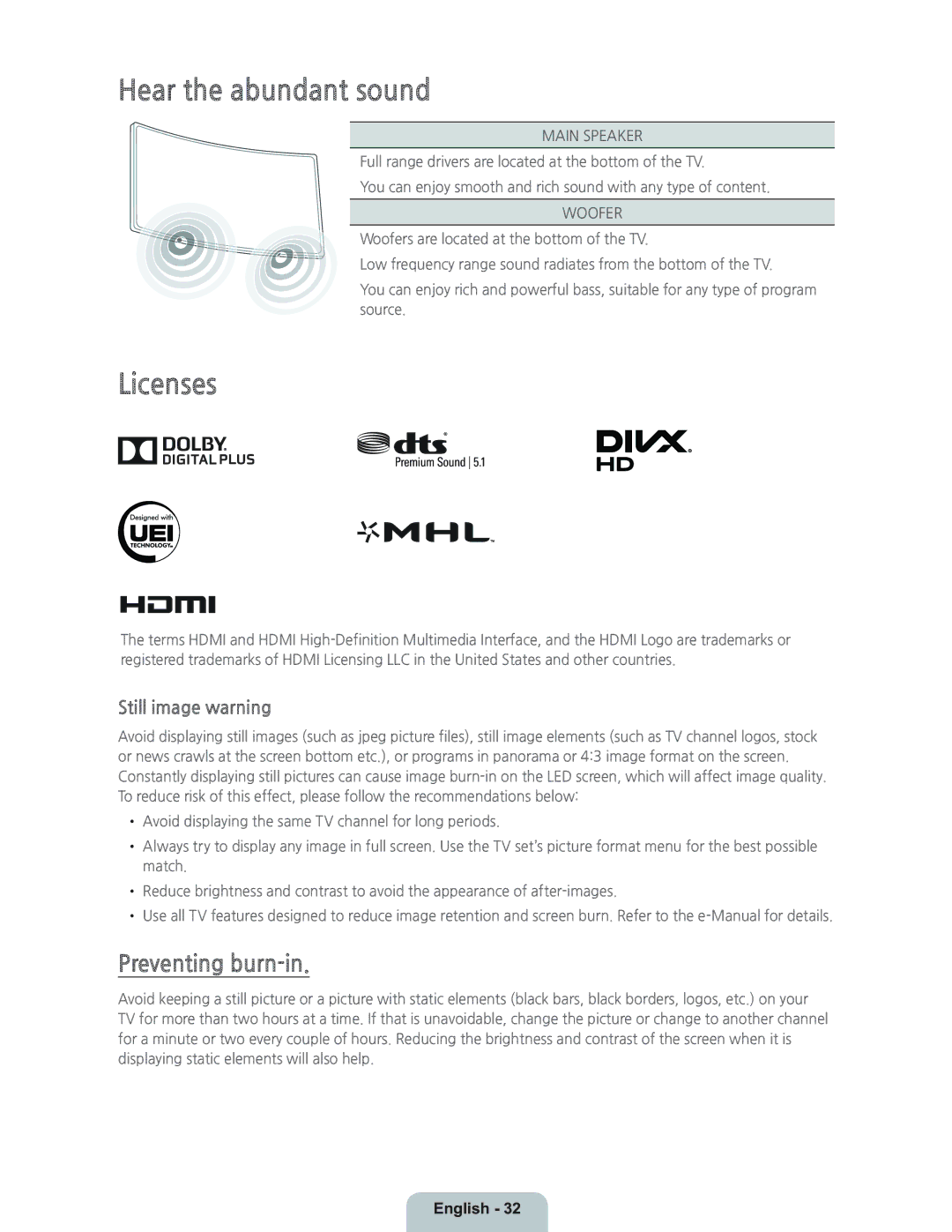 Samsung UN55H8000 manual Hear the abundant sound, Licenses, Preventing burn-in, Still image warning 