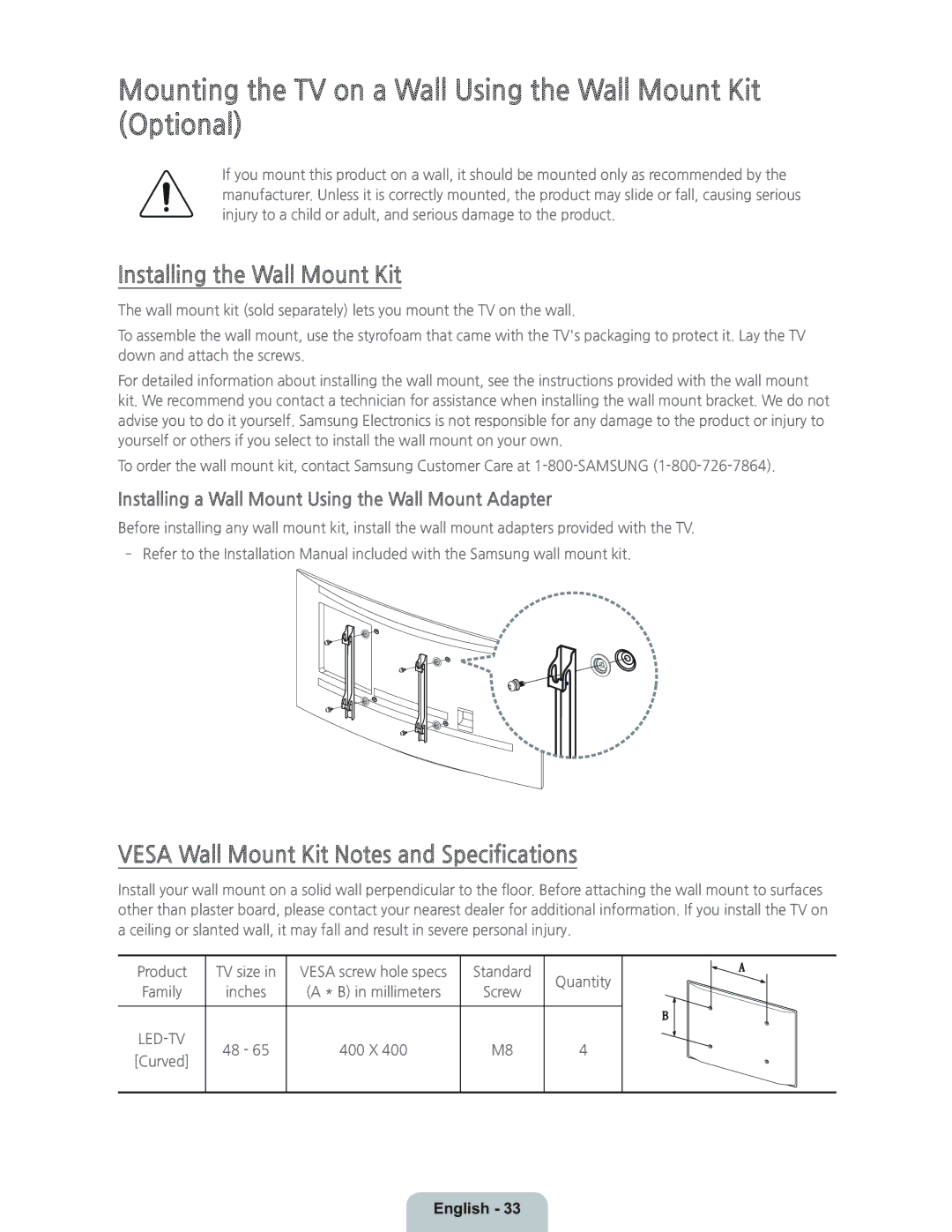 Samsung UN55H8000 manual Mounting the TV on a Wall Using the Wall Mount Kit Optional, Installing the Wall Mount Kit 