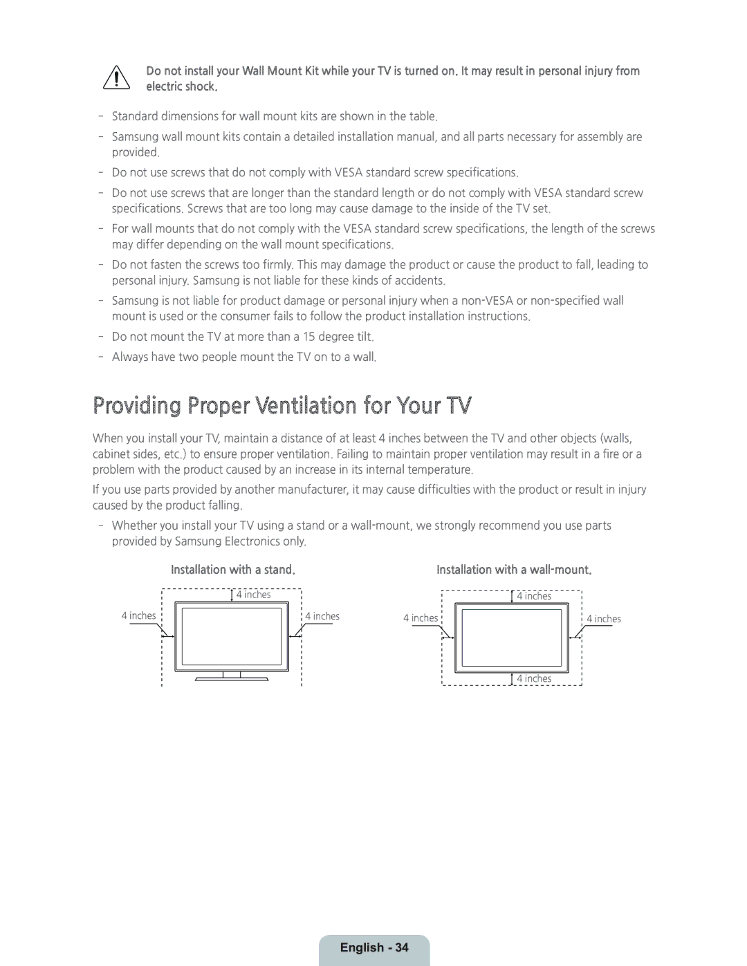 Samsung UN55H8000 manual Providing Proper Ventilation for Your TV, Installation with a stand 