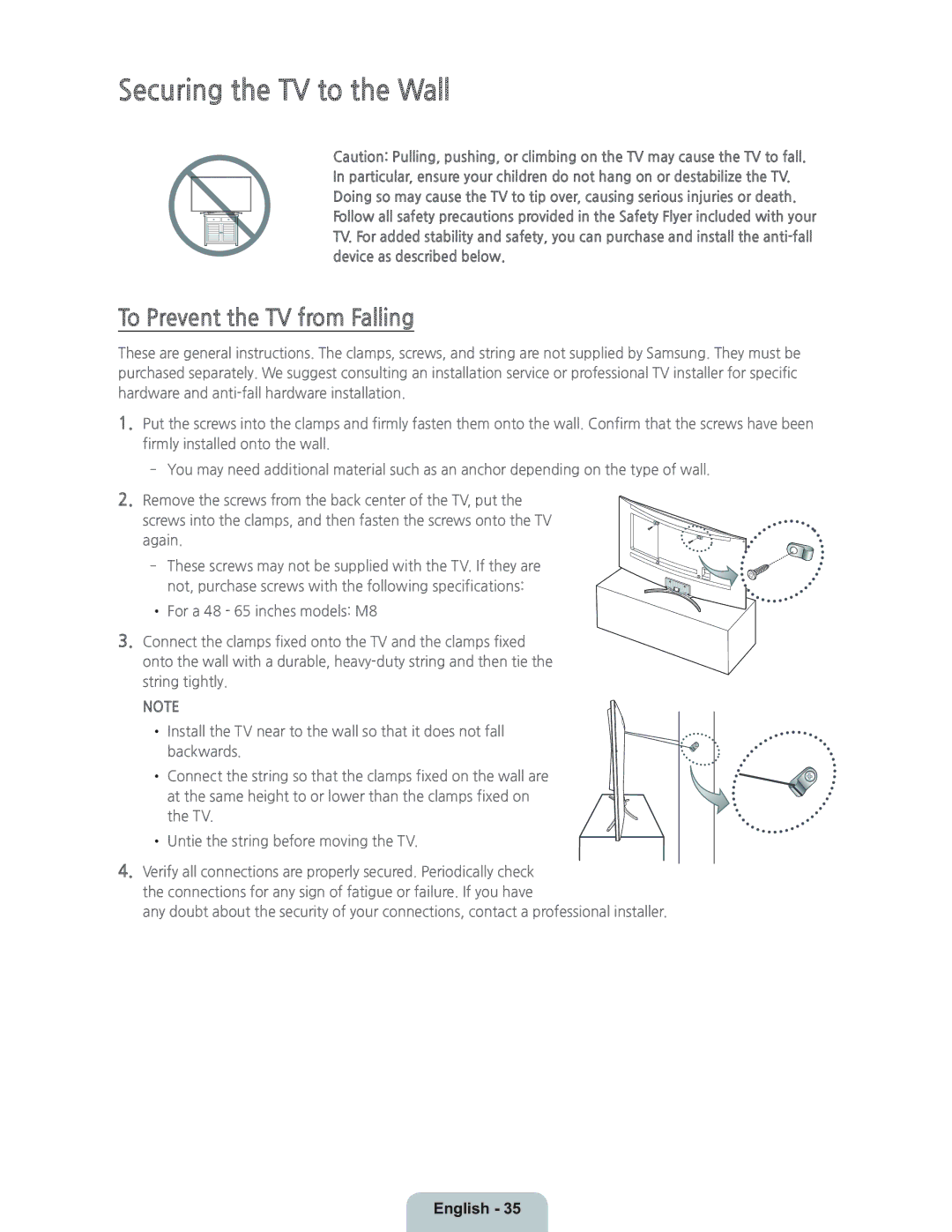 Samsung UN55H8000 manual Securing the TV to the Wall, To Prevent the TV from Falling 